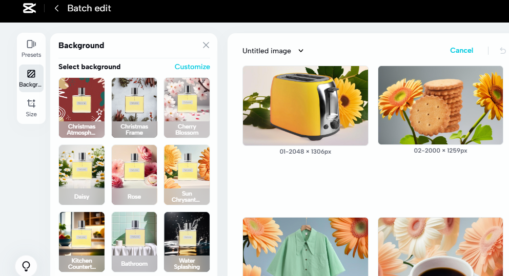 Photo editing software interface displaying background options for dropshipping product images.